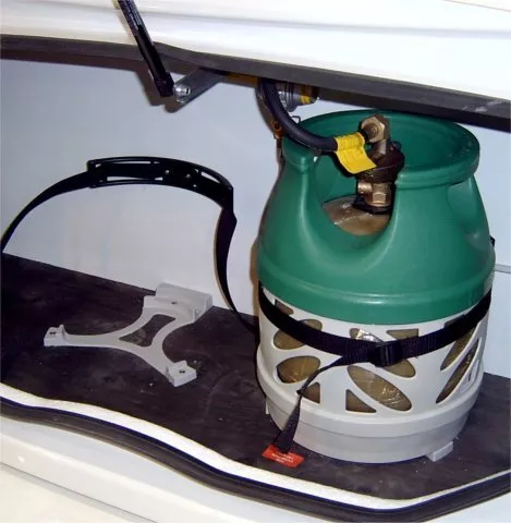 Grey Gas Bottle Holder and Securing Strap with Spacer for Caravan or Motorhome - Image 3